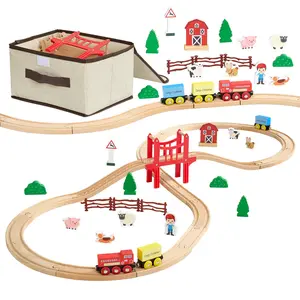VEVOR Wooden Train Set, 39PCS, Wood Train Track with Magnetic Trains and Railway Accessories, Compatible with Major Brands, Small Town, Christmas Birthday Toy for Kids Toddlers Ages 3-8 Boys and Girls