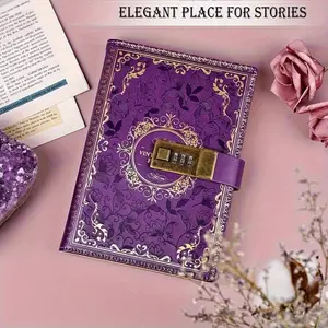 Retro leather password lock notebook, A5 embossed flower secret diary, with crossed paper, suitable for writing, for women, girls, adults, 5 colors to choose from, give a pen.