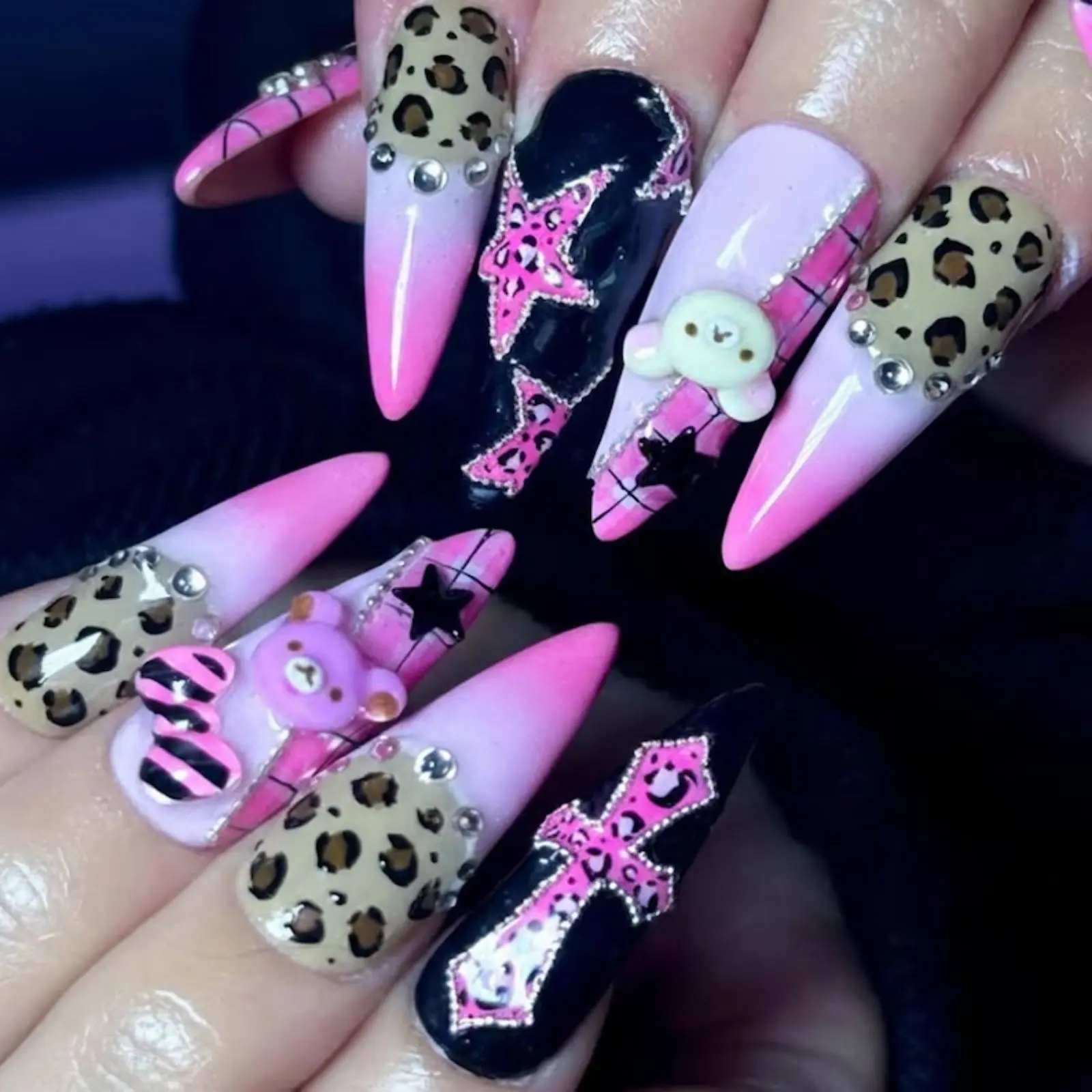 Gyaru Press On Nails, Pink Leopard Stiletto, 3D Bow Bear, Y2K Kawaii/Y2K Pink Leopard Press-On Nails with Bear Charms & Bandana Design | Long Stiletto 3D Handmade Fake Nails
