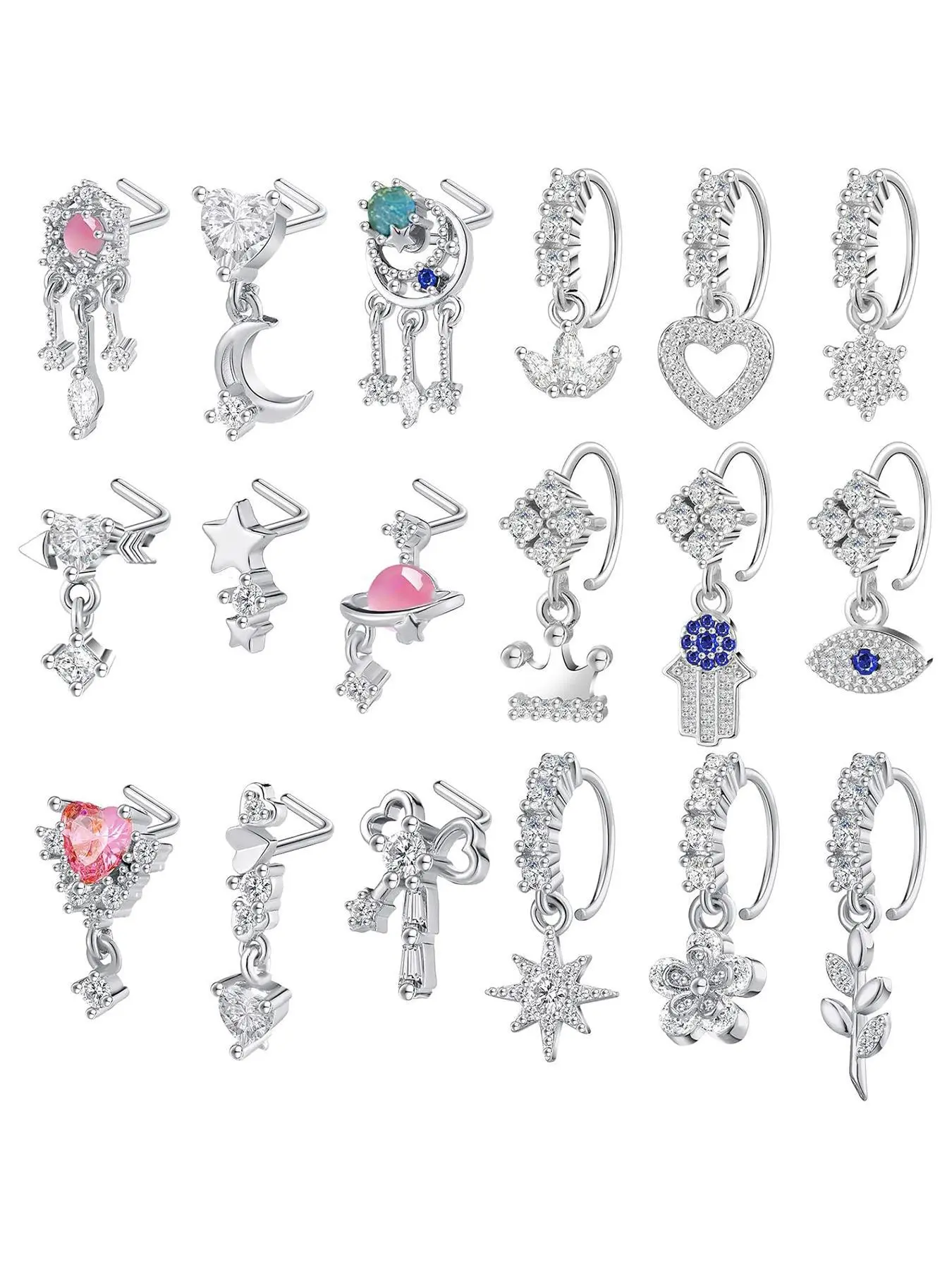 Heart & Star Design Nose Rings, L Shaped Stud Nose Piercing Jewelry, Fashion Body Jewelry for Women & Girls, Spiral Nose Ring, Nose Rings Studs, Nose Rings Set
