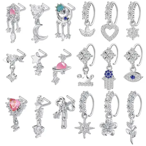 Heart & Star Design Nose Rings, L Shaped Stud Nose Piercing Jewelry, Fashion Body for Women & Girls, Spiral Nose Ring, Nose Rings Studs, Nose Rings Set, Body Jewellery