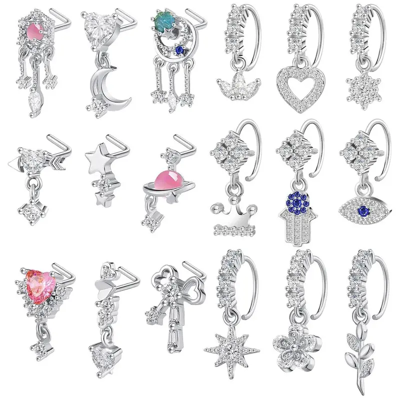 Heart & Star Design Nose Rings, L Shaped Stud Nose Piercing Jewelry, Fashion Body for Women & Girls, Spiral Nose Ring, Nose Rings Studs, Nose Rings Set, Body Jewellery