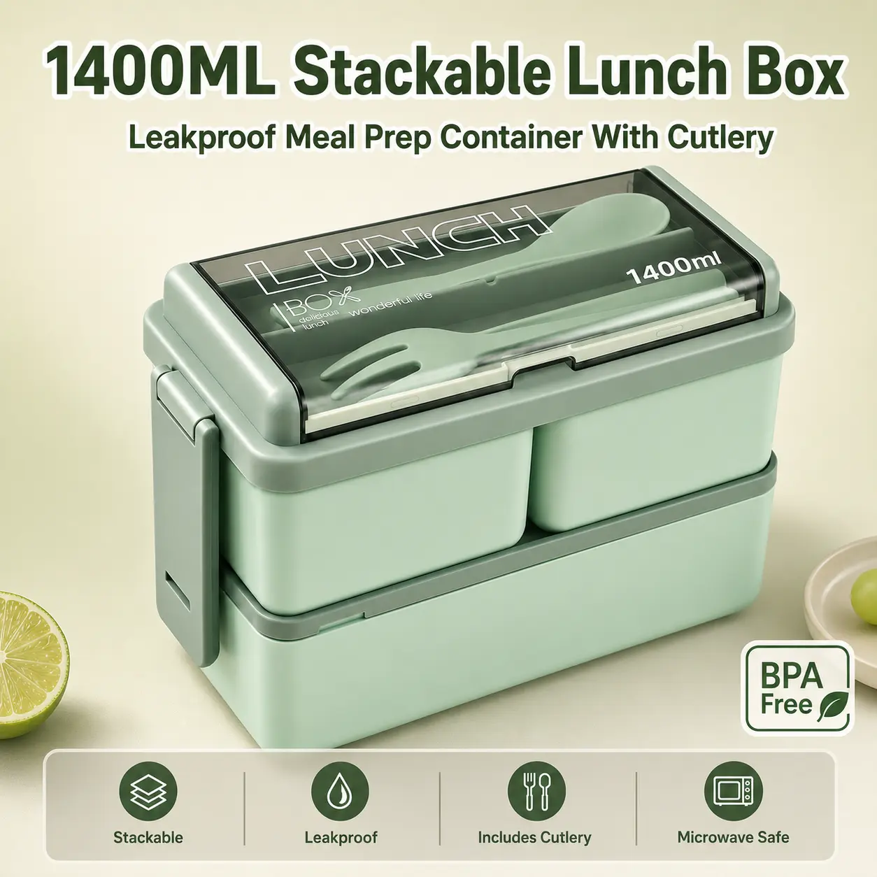 MIUVA Bento Box Adult Lunch Box, 1400ml 2-Layer Stackable Lunch lunchable food storage Container with 3 Compartments, Spoon & Fork, Microwave Dishwasher Freezer Safe Meal Prep Box for Work, School, Picnic, Green