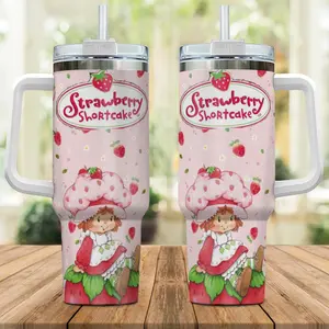 Strawberry Shortcake Tumbler 40oz with Handle, Pink Strawberry Girl Cartoon Design, Cute Insulated Travel Mug with Straw, Gift for Girls