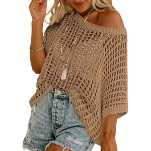 Dokotoo Womens Summer Scoop Neck Short Sleeve Sweater Casual Crochet Hollow Out Knit Tops Pullover Shirts Beach Coverup