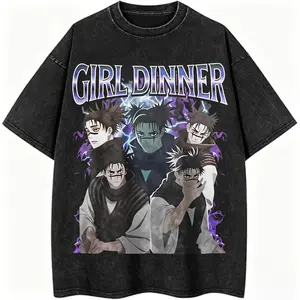 Vintage Acid Wash Jujutsu Kaisen Choso Brothers Graphic T Shirt, Funny Girl Dinner Meme Anime Oversized Tee, Cotton Unisex Streetwear Short Sleeve Top