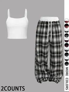 Vintage Plaid Colorblock Belted Wide Leg Pants Set, Casual Crop Top and Loose Drawstring Long Pants, Y2K Streetwear, Comfortable Home Wear