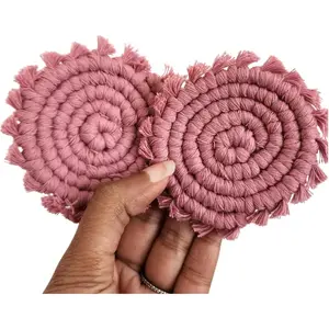 2PC Cotton Car Coasters for Cup Holders, Cute Boho Macrame Drink Coaster Accessories for Women, Champagne Pink