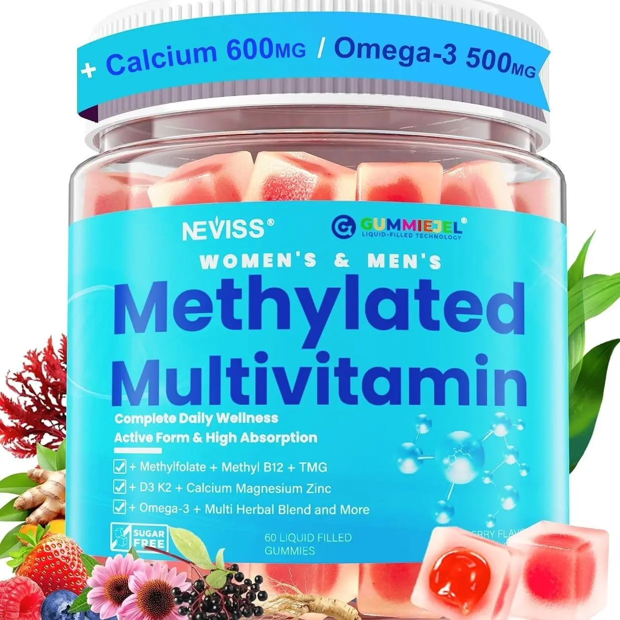 Methylated Multivitamin for Women & Men Gummies w/ Omega-3, Calcium, D3 K2, Methylfolate & B12, TMG, Daily Vitamins, Mag, CoQ10, Probiotic for 18 30 40 50 60 70+, Overall Health - Vegan, Sugar Free