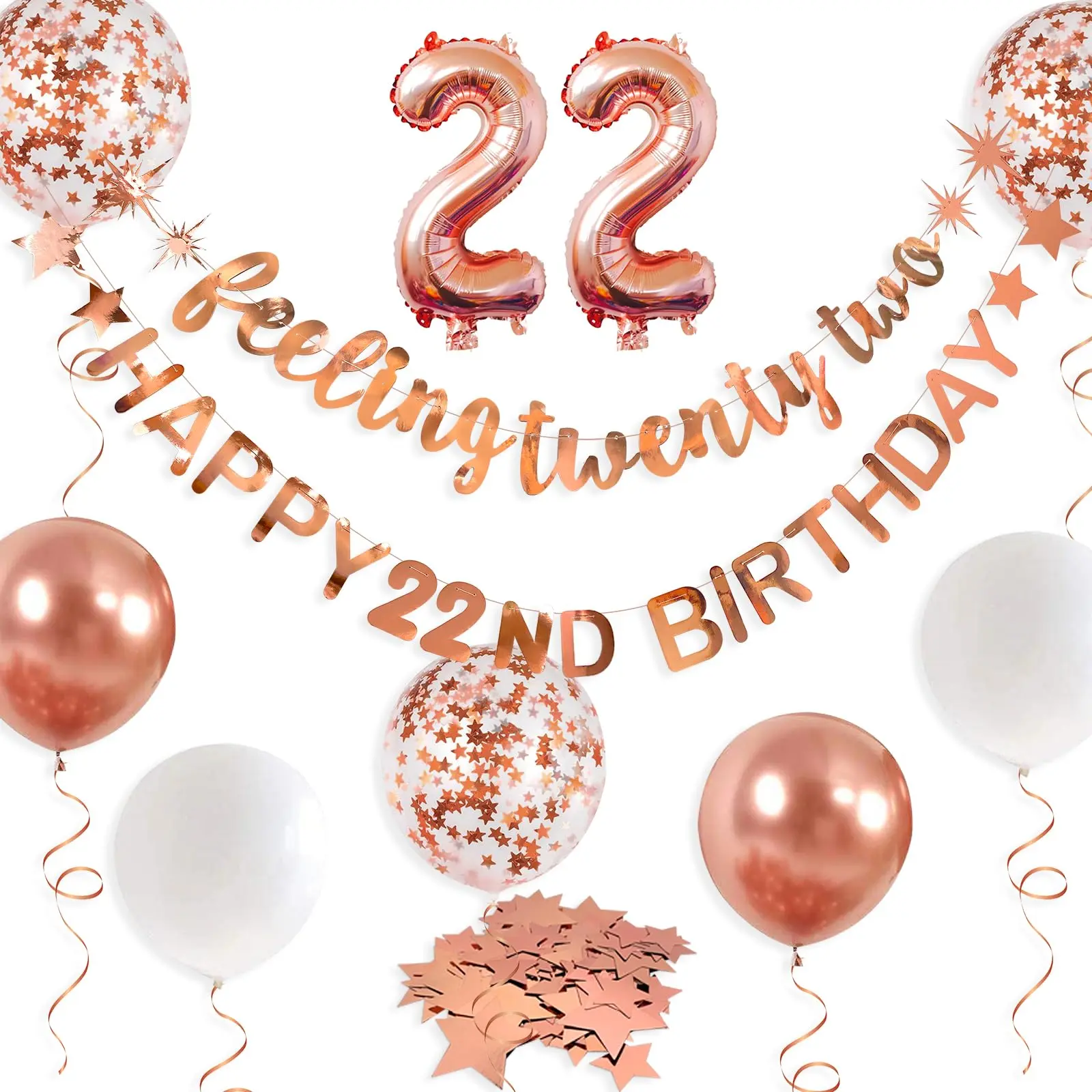 Rose Gold 22nd Birthday Party Decor Set - 8.2ft Sparkling Star Metallic Paper Banner, Garland, Foil Balloon, Reusable Ribbon-Hung Photo Backdrop for Feeling 22 Celebrations, Indoor Wedding Decorating