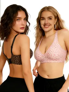 Wireless brown leopard print jelly bra, bralette, Adjustable strap brallete, V-neck, push-up seamless T-shirt bra with anti-sagging effect, adjustable straps, soft fabric, plus-size women's underwear