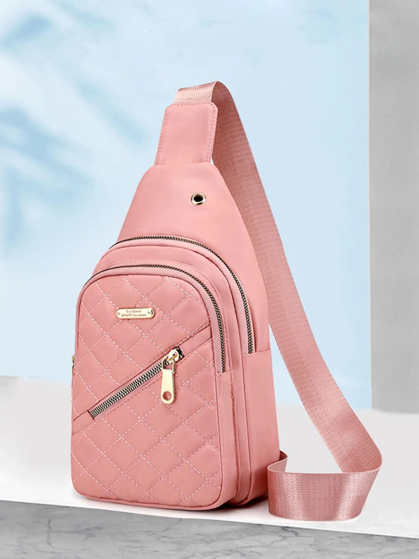 Women's Quilted Zippered Sling Bag With Adjustable Strap, Fashion Quilted Design Zipper Fanny Pack, Casual Nylon Bag For Daily Used