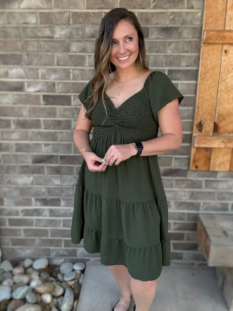 Olive Flutter Sleeve Smocked Tiered Sweetheart Woven Dress w/ Side Pockets