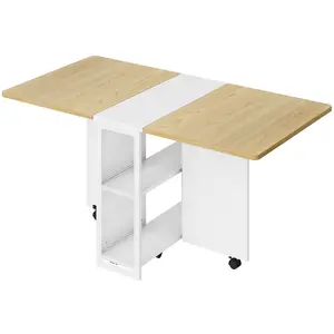 Folding Dining Table, Drop Leaf Dining Table for 4, Foldable Kitchen Table with 6 Wheels,Drop Leaf Design, 2-Layer Storage Shelf, Compact for Small Rooms