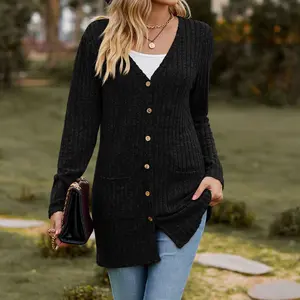 Women's V Neck Button Down Cardigan Sweater Long Sleeve Ribbed Knit Casual Coat with Pockets