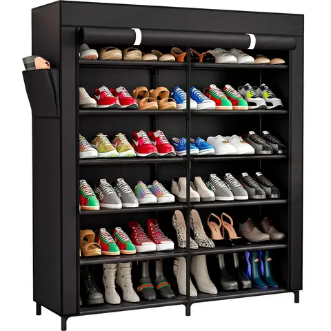 LINZINAR 7-Tier Double-Row Portable 42-Pair Modern Shoe Rack Organizer - Iron Metal Adjustable Storage Shelf, Thick Waterproof Fabric Cover, Easy-Install Closet Storage (Hanging & Fitting Compatible)