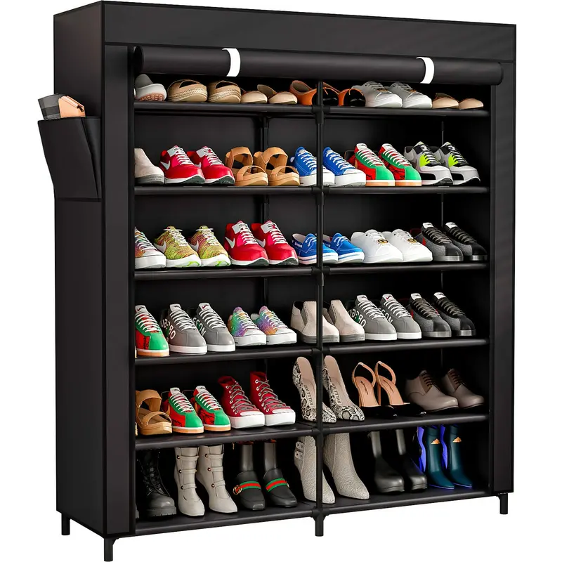 LINZINAR 7-Tier Double-Row Portable 42-Pair Modern Shoe Rack Organizer - Iron Metal Adjustable Storage Shelf, Thick Waterproof Fabric Cover, Easy-Install Closet Storage (Hanging & Fitting Compatible)