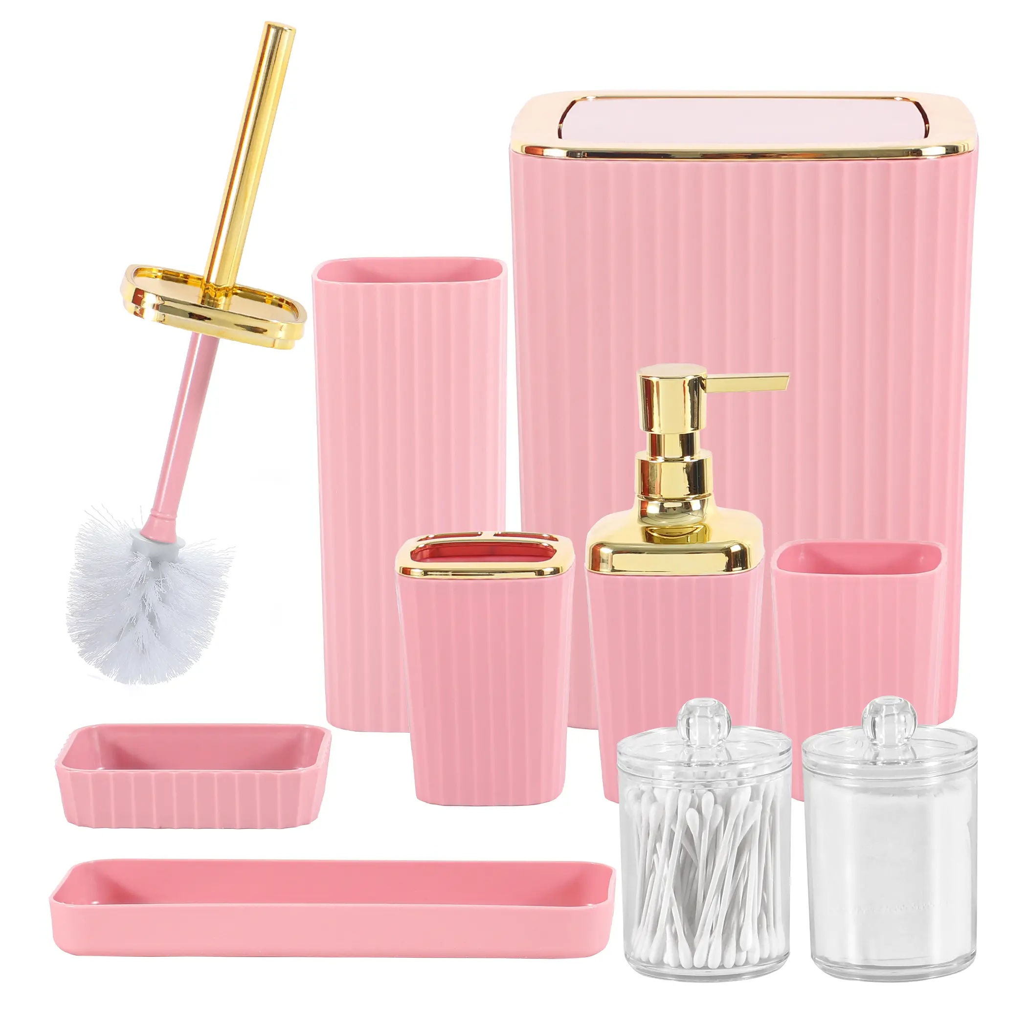 Bathroom Accessories Set,9 Piece White/Black/Pink Bathroom Sets Complete With Toothbrush Holder, Trash Can, Lotion Soap Dispenser, Toothbrush Cup, Vanity Tray, Soap Dish, Toilet Brush, Qtip Holder For New Home
