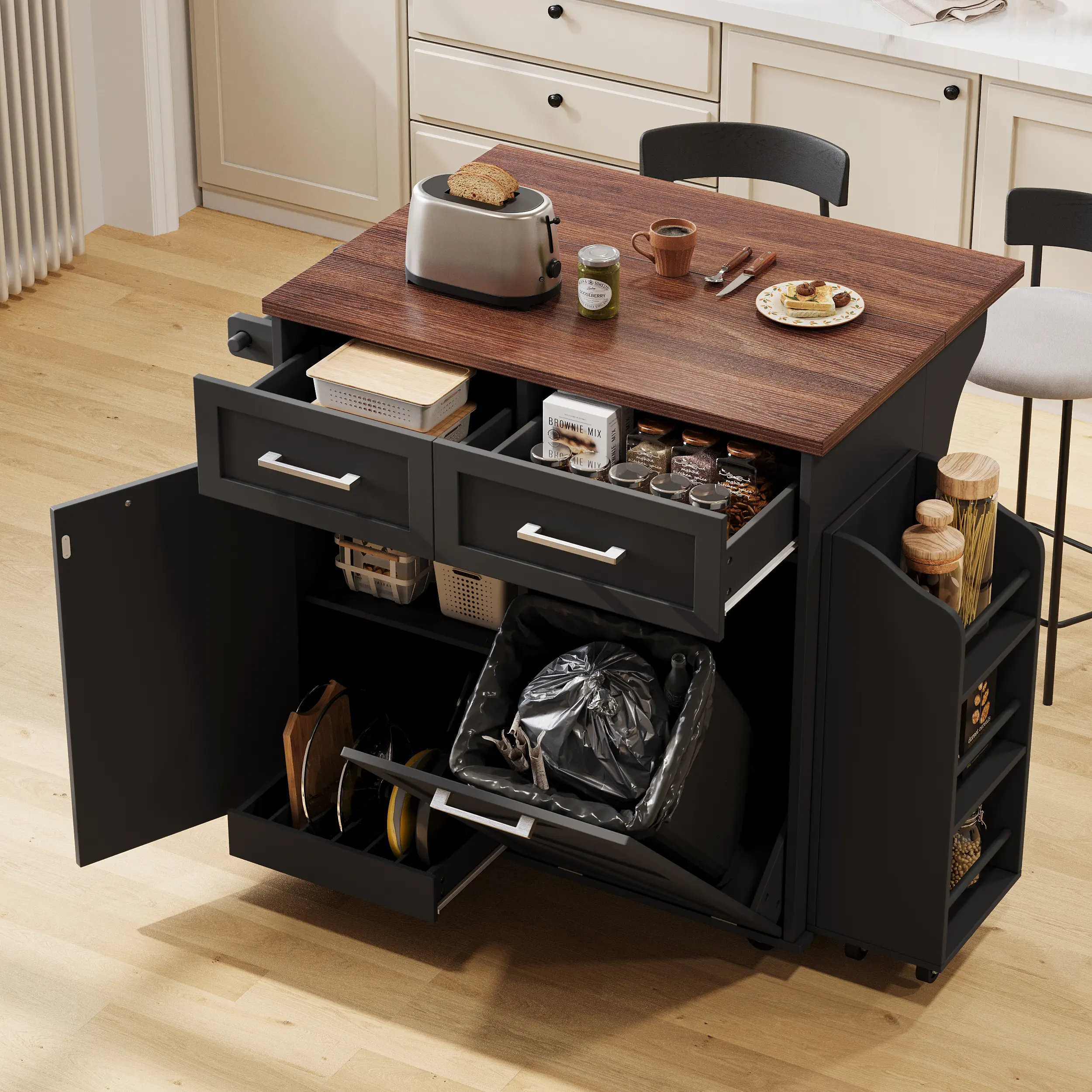 K&K All-in-One Farmhouse Kitchen Island with Drop Leaf 47.2" Rolling Cart Removable Side Racks 2 Drawers & Towel Holder Elegant Storage Solution #FarmhouseKitchen