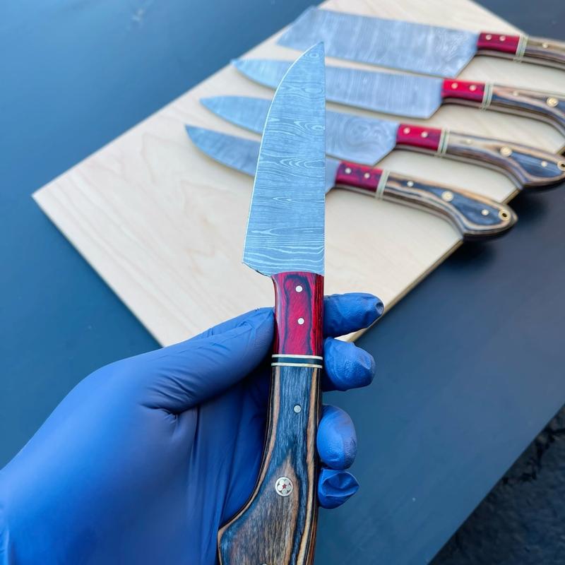 Handmade Damascus Kitchen Knife Set - 5 Pcs with Leather Roll Bag - High-Quality Craftsmanship - Block knife set