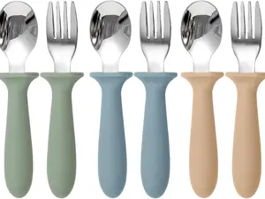 Toddler Utensils Set, 6-Pack Kids Silverware with Silicone Handles, Stainless Steel Forks & Spoons for Toddlers, BPA-Free, Dishwasher Safe, Baby Feeding Supplies for Self Feeding