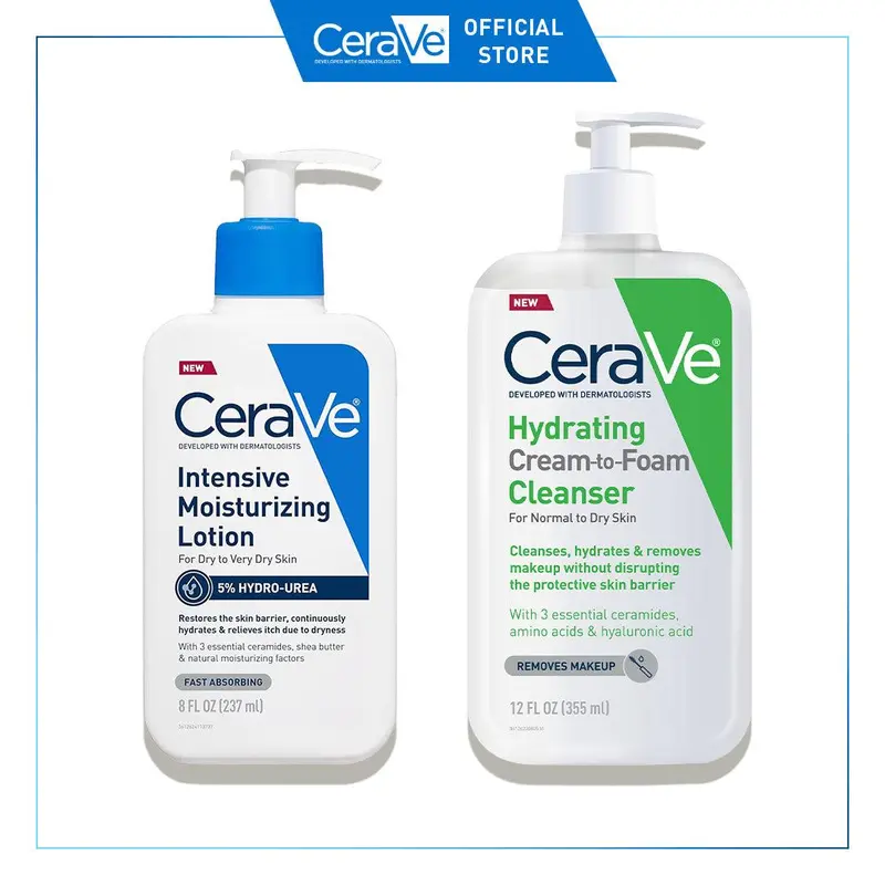CeraVe Makeup Lover Skincare Duo: CeraVe Hydrating Cream-to-Foam Cleanser (Normal to Dry Skin + Removes Makeup) & NEW CeraVe Intensive Moisturizing Lotion (Dry to Very Dry Skin + 5% Hydro-Urea)