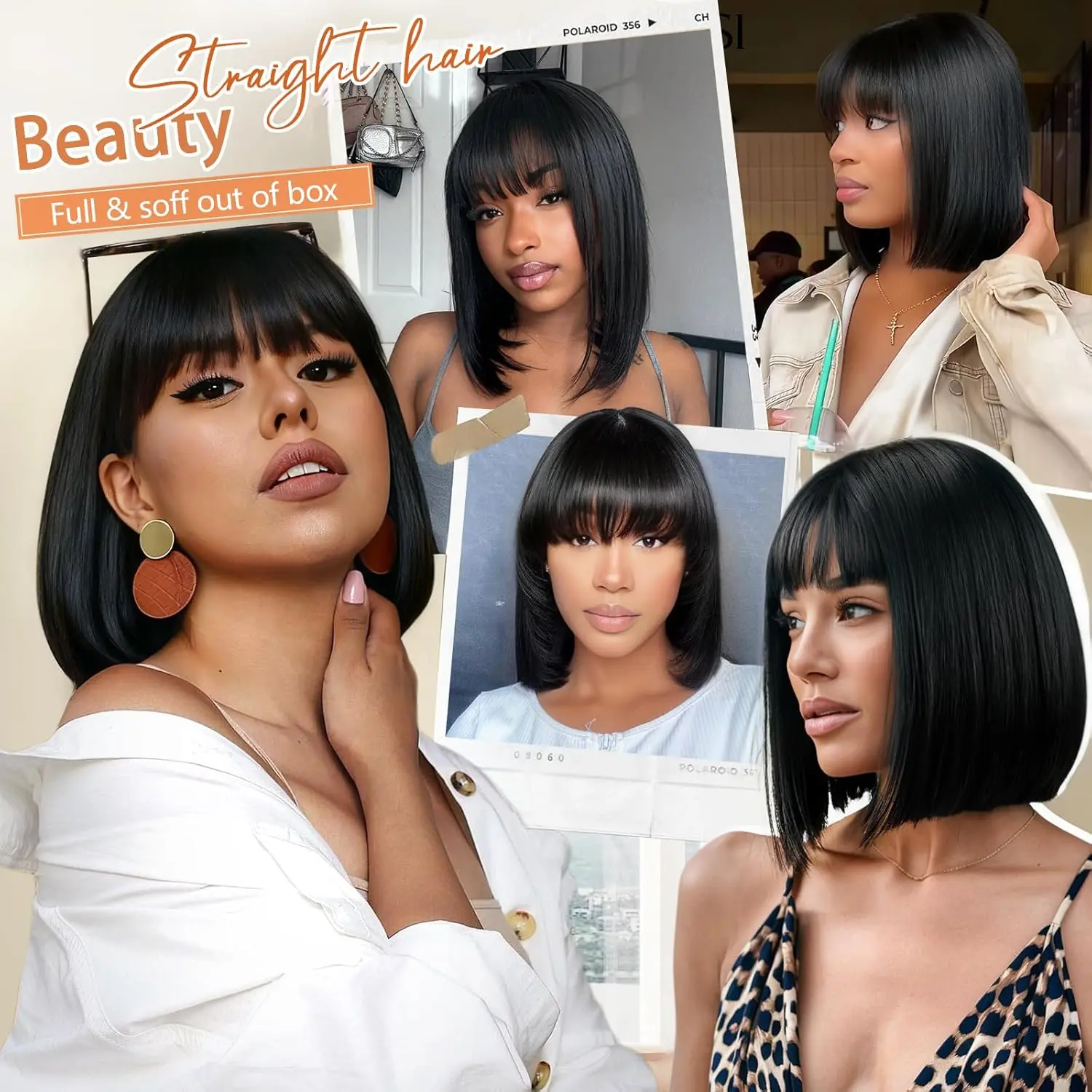 Short Straight Bob Human Hair Wig With Bangs Glueless Daily Wear Women main image 3