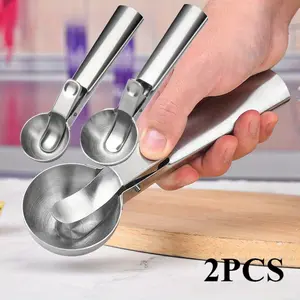 2PCS Stainless Steel Dual Purpose Ice Cream Scoop Set, Multi Function Watermelon Ball Digger, Portable Ice Cream Scoop, Kitchen Small Tools, for DIY Ice Cream, Fruit, Frozen Yogurt, Watermelon (1 Large + 1 Small)