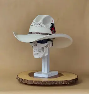 Bangora White Gus Style Cowboy hat, handmade in Mex. with an elastic sweat bandana for a comfortable fit, with rain cover and real feather.