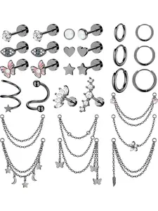 20G Cartilage Earrings Set for Women Surgical Steel Helix Piercing Small Huggie Hoop Earrings Flatback Stud Earrings Chain Dangle Cartilage Helix Tragus Piercing Jewelry