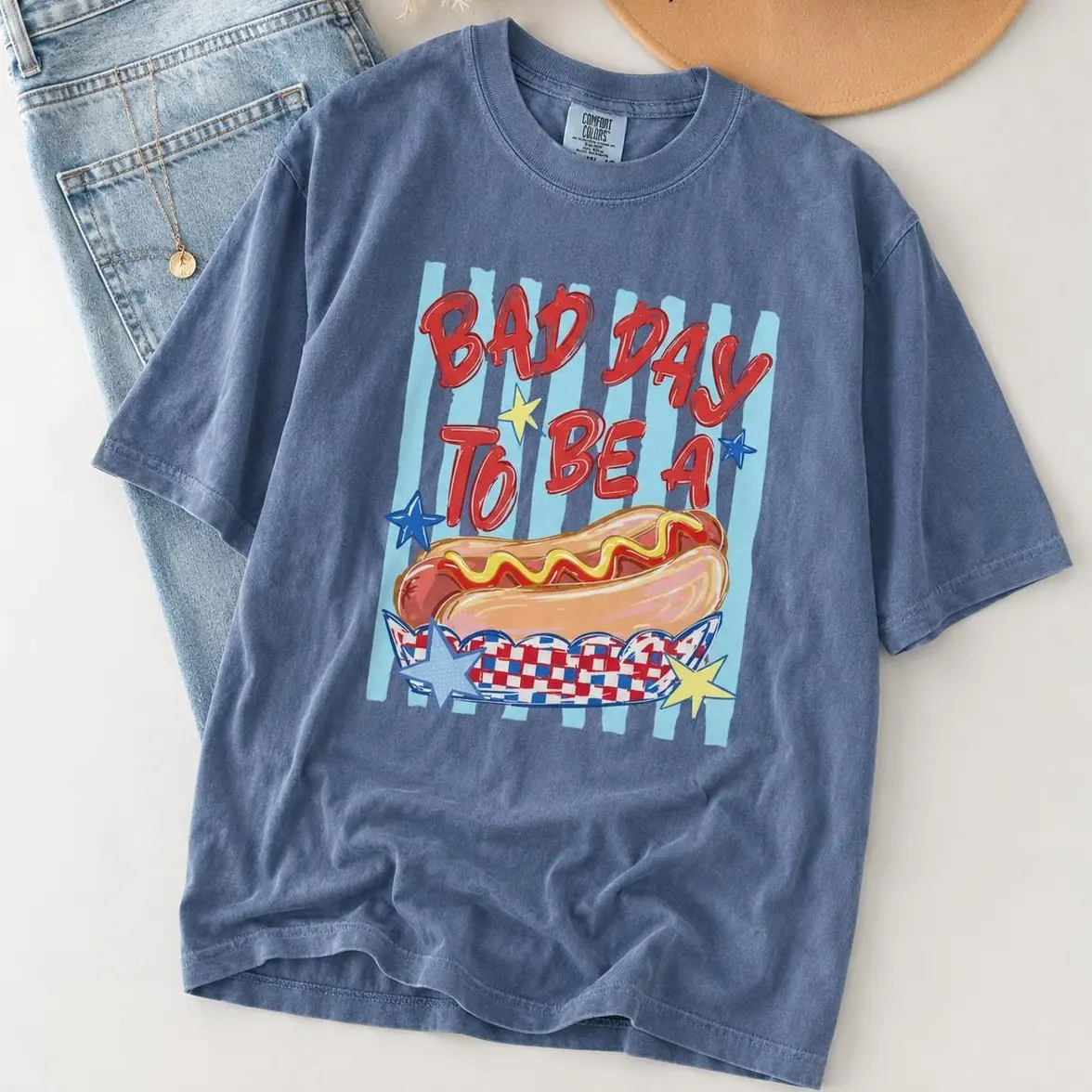 Women's Cotton Shortsleeve Streetwear Tshirt - Comfort Colors Funny Hot Dog Everyday Top, 4th of July Patriotic Striped Summer BBQ Gift for Her - TrendWear USA