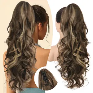 Ponytail Extension 24" Long Curly Wavy Claw Clip in Medium Blonde with Highlights Japanese Tech Synthetic Fibers for Daily Party Use