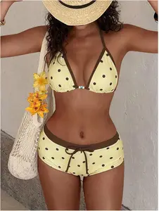Women’s bikini set, retro yellow polka dot print vintage color-block swimsuit bottoms summer sets for going out outfits birthday women’s 2-piece retro yellow polka dot color-block bikini set cute 2000s clothes for beach and vacation trendy women’s clothin