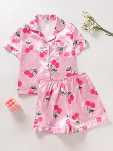 Girls' Sleepwear Set 2-Piece Fresh Cherry Polka Dot Print Button-Up Short Sleeve Top + Elastic Shorts, All-Season Satin Fabric