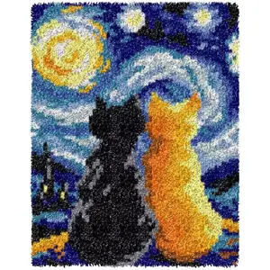 Latch Hook DIY Floor Mat Kit - 15x21in (38x54cm) Starry Cat | Pre-printed Color Pattern | Segment Embroidery Crochet Craft | Suitable for Adults & Beginners | Handcrafted Festive Home Decor Floor Mat