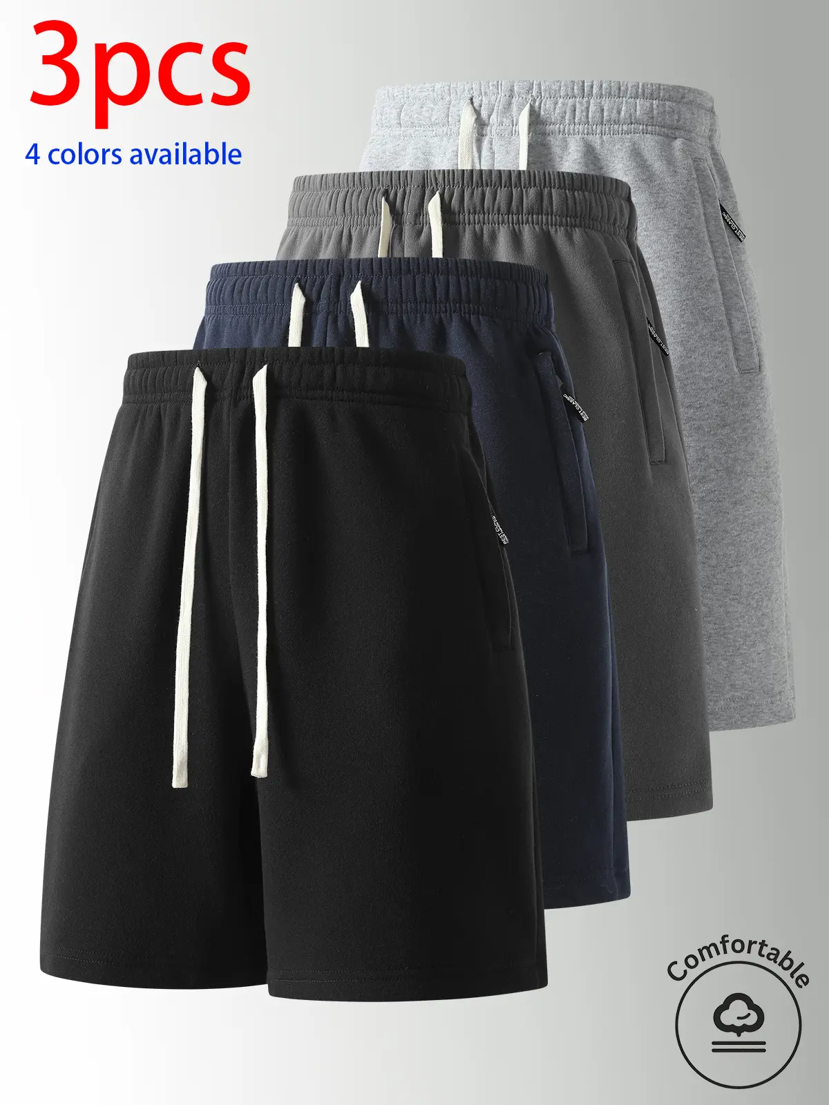 3-pack men's shorts, men's athletic shorts, men's casual bermuda shorts.Side pocket design, loose fit with a cinched waist paired with a long white drawstring—loose yet not constricting; suitable for sports/fitness, everyday outings, and home leisure wear