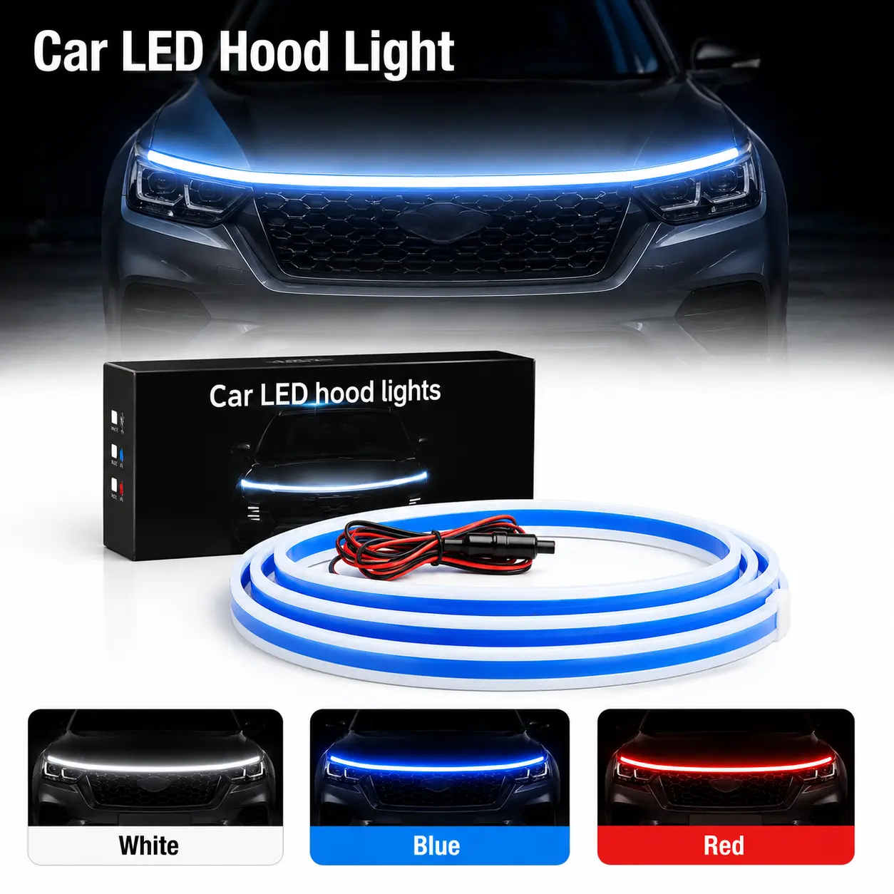 Slipuf 70 inches Car LED Hood Light Strip, Universal Car Hood LED Strip Light, Waterproof Front Grille Accent Light, White Blue Red Options