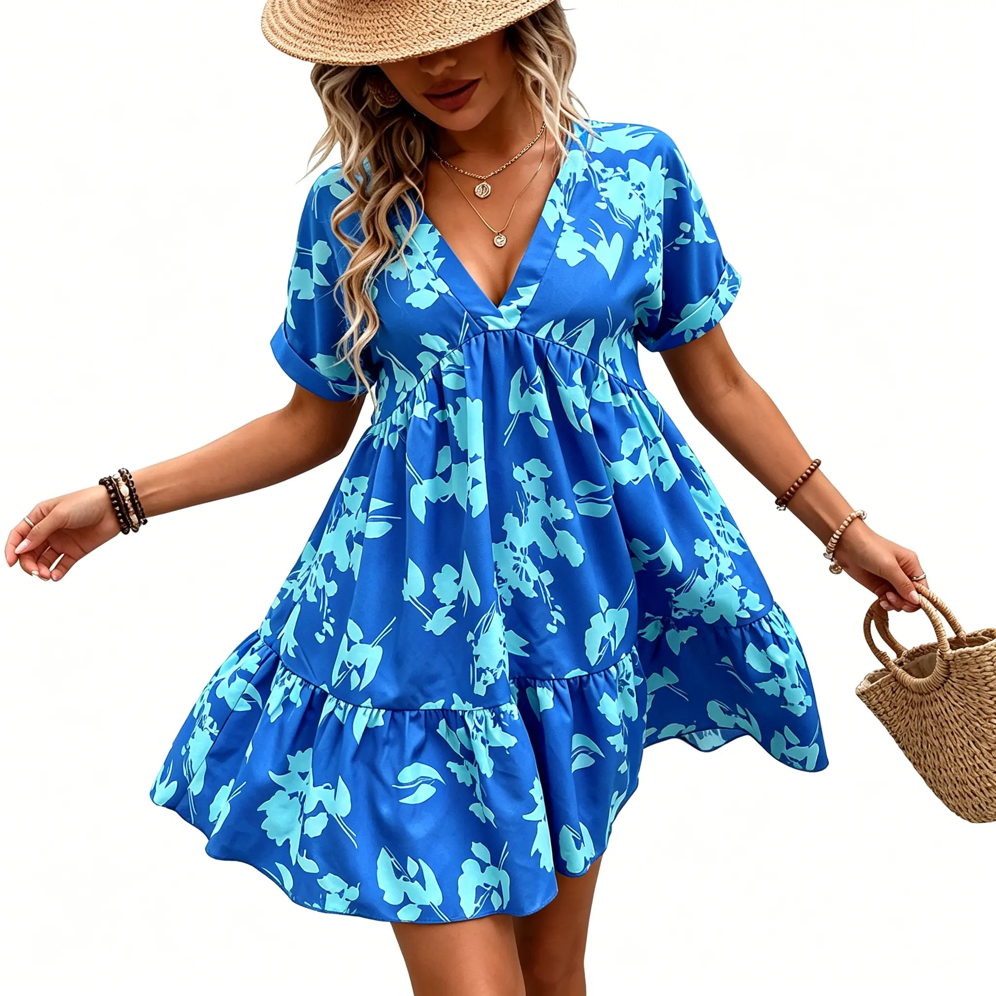 Women's Casual 2-Color Tropical Leaf Print Short-Sleeve Cuffed V-Neck Beach Island Dress with Breathable Fabrics