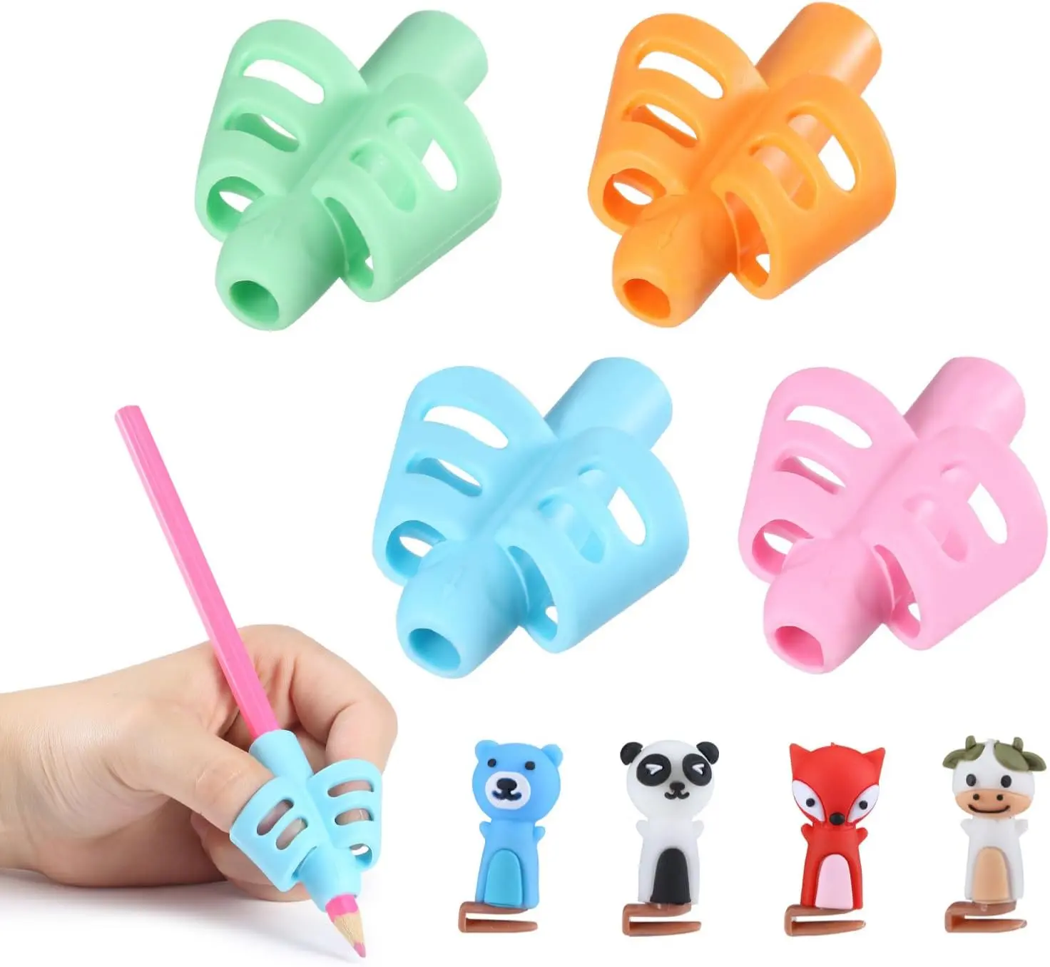 Pencil Grips for Kids Handwriting, 4 Pack with 4 Clips, Colorful Flexible Silicone Pencil Holders for Right & Left-Handed Kids
