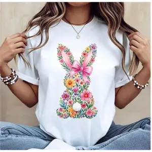 Casual Women s Round Neck Short Sleeve T Shirt Featuring Easter Bunny with Pink Bow and Colorful Swirls Perfect for Spring Festival and Holiday Wearing Soft Comfortable Tee