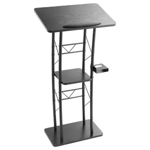 47-Inch Curved Metal Lectern Podium Stand with Built-In Storage Shelf for Classroom, Conference Hall, Wedding, Speaking Events; Durable Steel Construction, Adjustable Height, Easy Assembly, Portable and Stable Presentation Desk