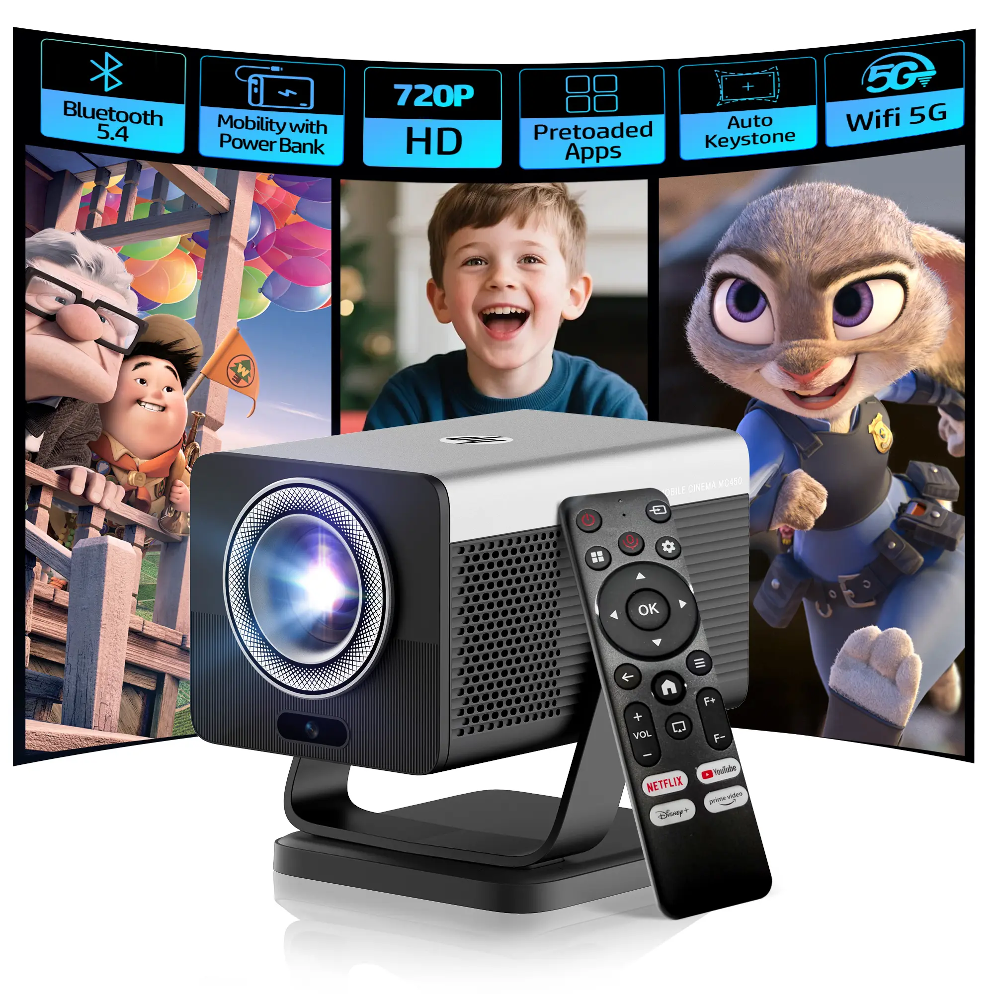 HP MC450 HD 720P LCD Panel Projector, WiFi Enabled, Bluetooth, AI Auto Keystone, 90° Rotatable, Netflix Supported, HDMI Input, for Home Use