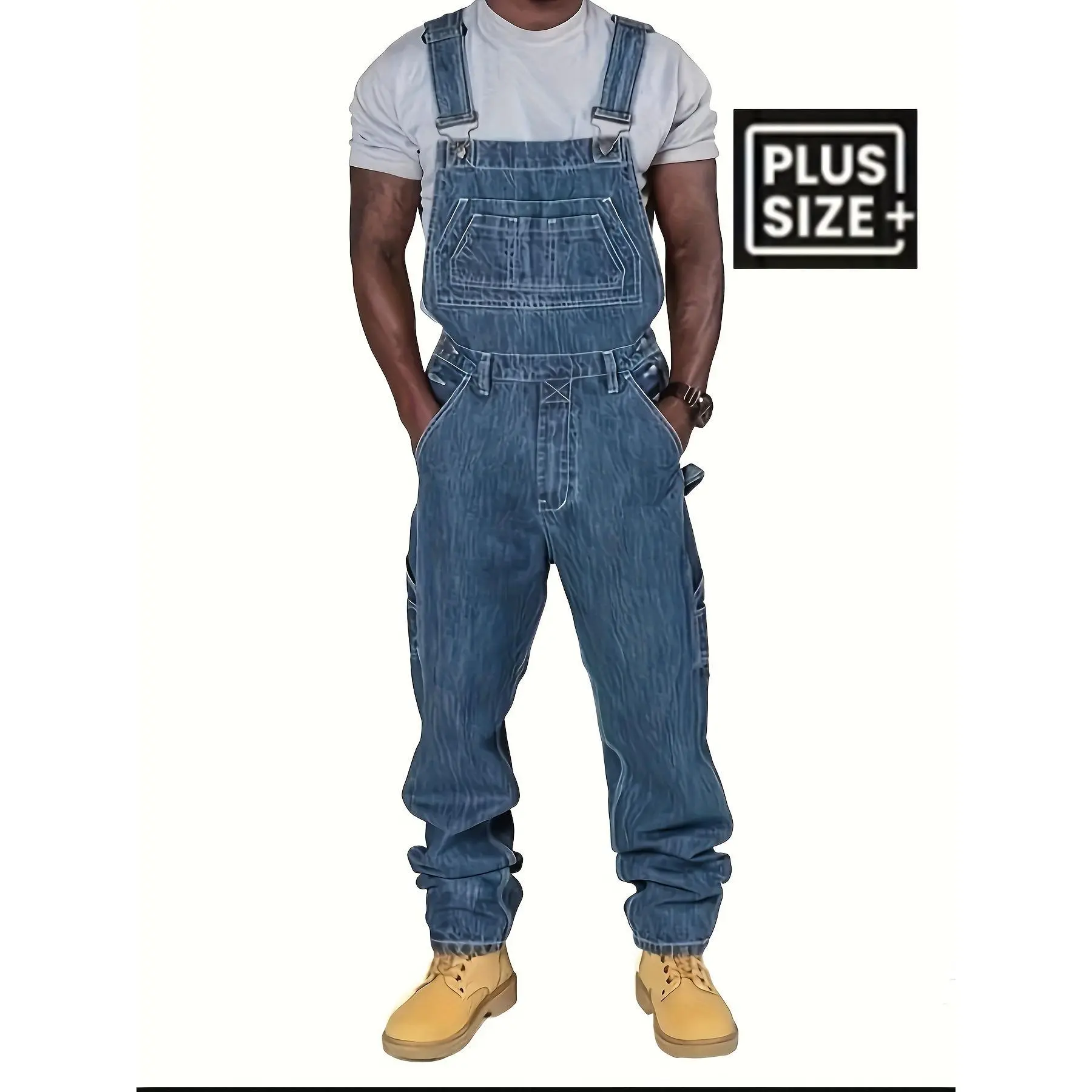 Autumn And Winter New Plus-size Men's Denim Jumpsuits, Retro Washed Blue, Three-dimensional Cut Loose Style, Multi-pocket Design Work Pants, Street Fashion Versatile Straight-leg Pants, American Retro Casual Men's Plus-size Denim Overalls
