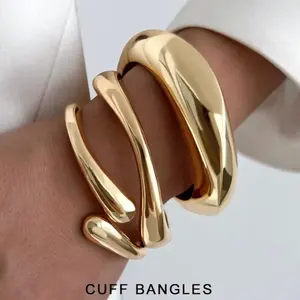 Chunky Gold Bangle Bracelets for Women Dainty 14k Gold Plated Stackable Bangles Set, Big Thick Open Cuff Bracelet Stack, Trendy Fashion Jewelry Gifts for Her