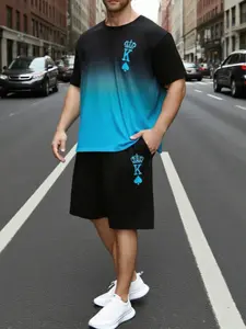 Men's 2-Piece Casual Set, Round Neck Short Sleeve T-Shirt and Shorts, Fitted Above Knee, All over Print, Sporty Style