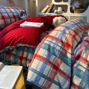 3-Piece Plaid Bedding Set, Decorative Bedding Set, Includes 1 Fitted Sheet & 2 Pillowcases, Soft Comfortable Home Bedroom Accessories, All-Season Use