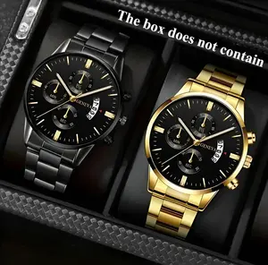 2-pack Elegant men's quartz watch set, classic retro round dial, alloy case, precise movement, casual style,  suitable for both business and casual occasions, perfect for Halloween and Christmas gifts.