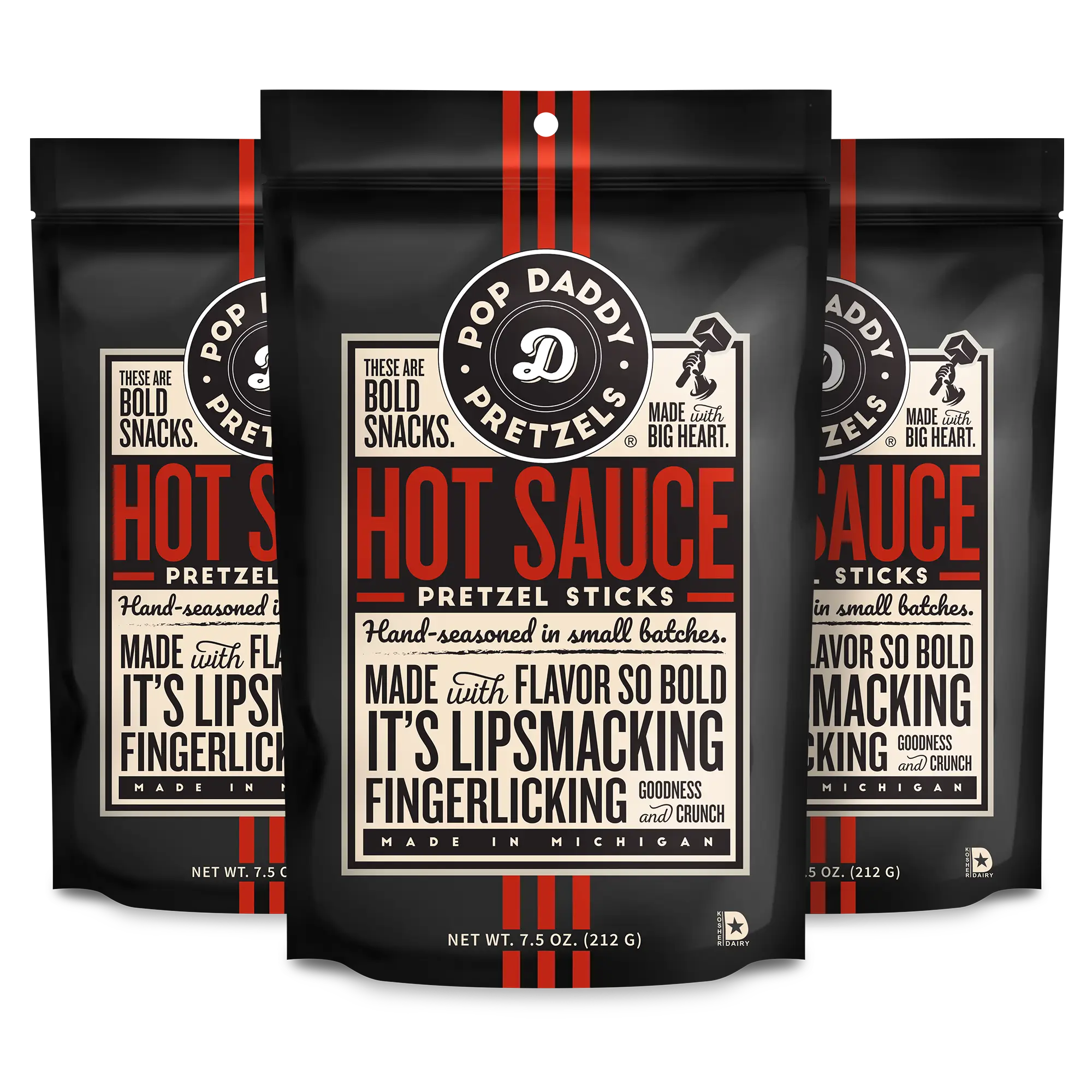 Pop Daddy Flavored Pretzels Sticks | Healthy Gourmet Pretzels Snacks | 7.5oz Individual Bags | 3 Pack | Hot Sauce