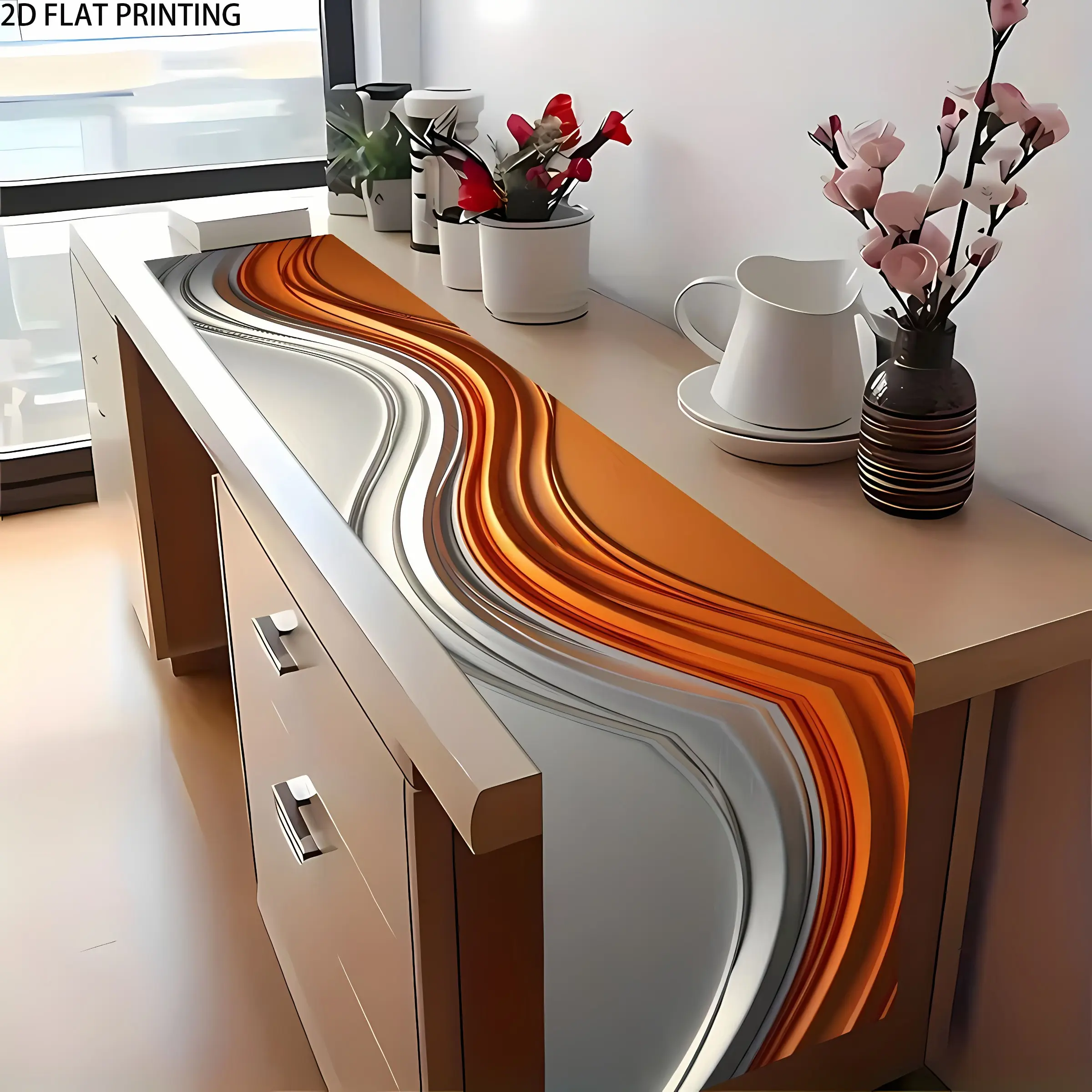 2D flat print, 1 table flag decoration, Vibrant orange and silver abstract background with wavy lines Design, anniversary wedding kitchen table decoration, suitable for home, kitchen, outdoor party and restaurant decoration