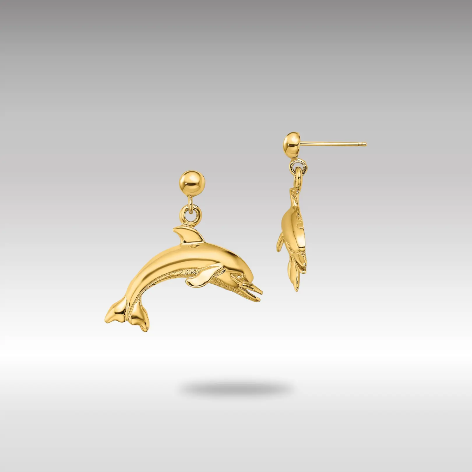 14K Gold Jumping Dolphin Dangle Earrings - Model TE844